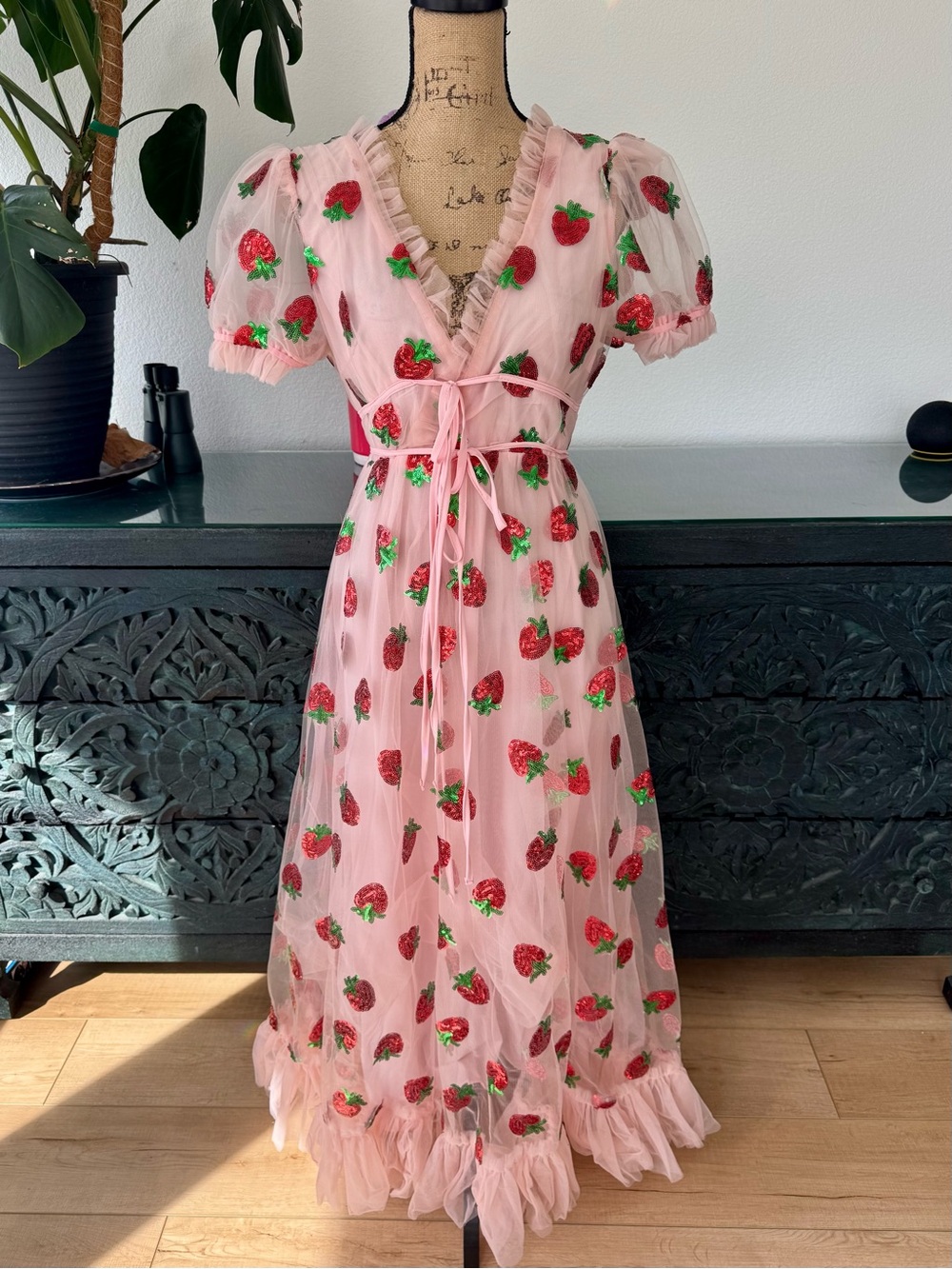 Pink Sequin Strawberry Embroidered Tulle Maxi Dress